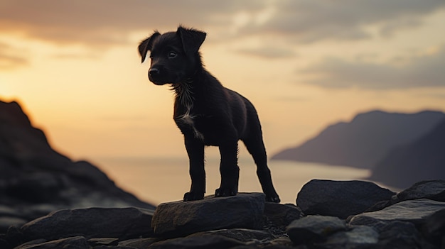 een Noorse Lundehund-puppy op een ruige klif aan de kust