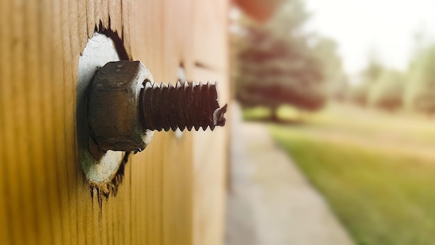 Foto een nop met een moer en ring steekt uit een houten paal van een kozijnhuis