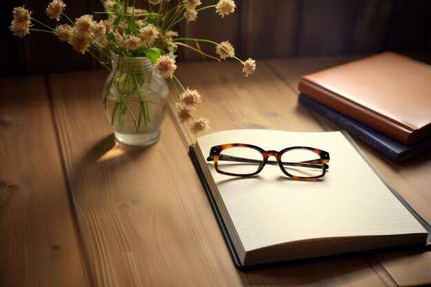 Foto een notitieboek op een houten bureau met een open leerboek en een bril