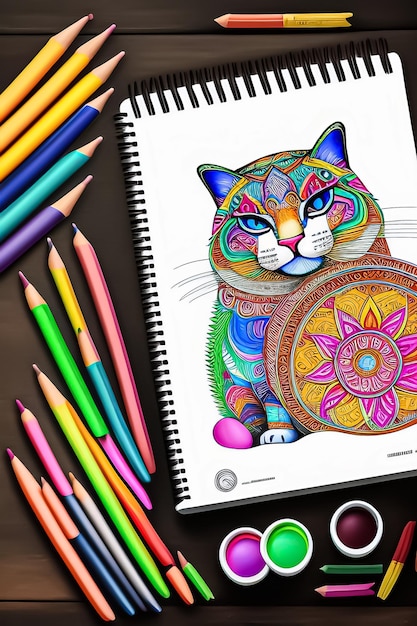 Een notitieboekje met een kat erop en een bos kleurpotloden.