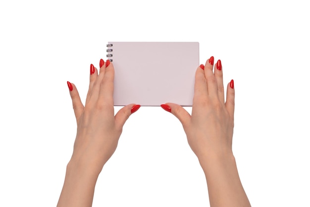 Een notitieboekje met leeg Witboek in vrouwenhanden met rode spijkers