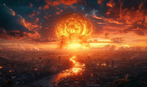 Een nucleaire explosie boven de stad.