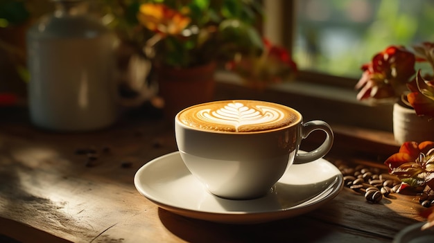 Een ochtend latte met artistiek schuim zit op een oude houten tafel in het zonlicht