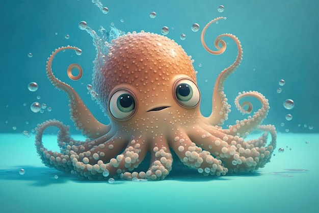 Een octopus ligt in het water met blauwe ogen