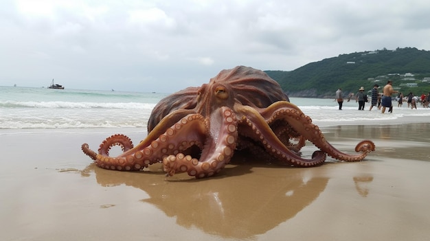 een octopus ligt op het strand met de oceaan op de achtergrond.