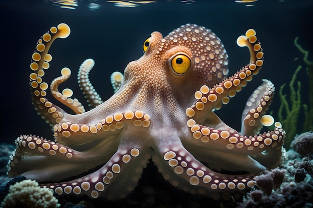 Foto een octopus met gele ogen ligt in het water