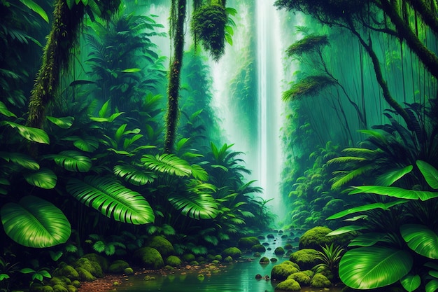 Een oerwoudtafereel met een waterval in het midden.