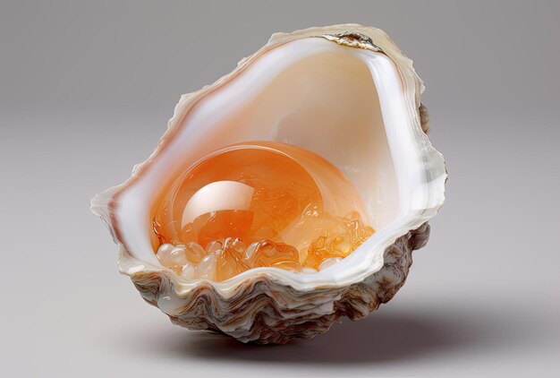 een oester gevuld met oranje eieren op een witte achtergrond in de stijl van lichtroze en donker amber