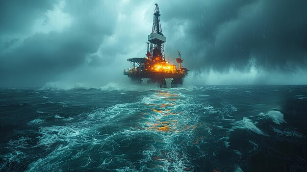 Een offshore olieplatform tegen een dramatische achtergrond van donkere stormachtige zeehemelen die de industriële macht in het midden van de natuur benadrukken krachten Generatieve AI
