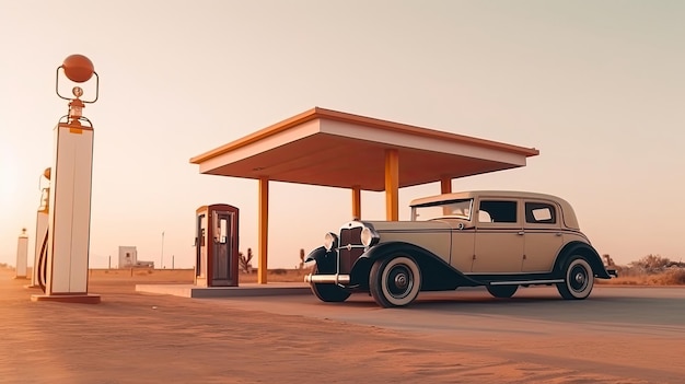 Een oldtimer bij het benzinestation in de woestijn ver van de stad
