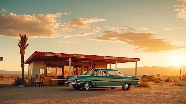 Een oldtimer bij het benzinestation in de woestijn ver van de stad