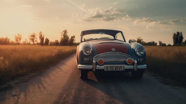 Een oldtimer op een landweg met een zonsondergang op de achtergrond.