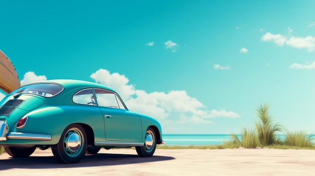 Een oldtimer op een strand met een blauwe lucht op de achtergrond.