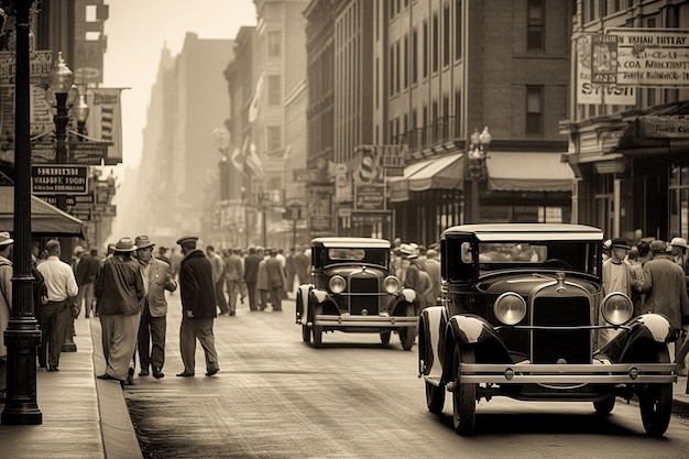Een oldtimer rijdt door een straat met een bord waarop 'het woord ford' staat