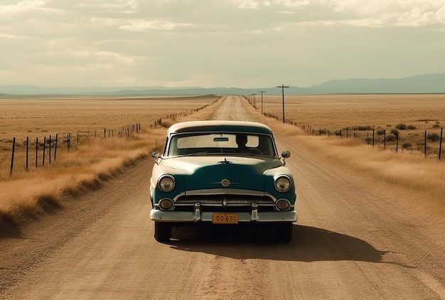 Een oldtimer rijdt over een onverharde weg met een gele kentekenplaat waarop 'auto' staat