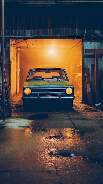 Een oldtimer staat geparkeerd in een garage met de koplampen aan.