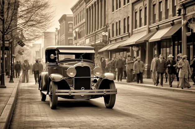 Een oldtimer wordt getoond in een straat met mensen die op de achtergrond lopen.