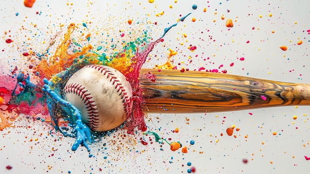 Foto een olie kunst van een honkbalknuppel die honkbal slaat in een schone witte achtergrond met een grote ruimte voor tekst of sport type product generatieve ai