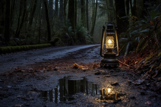 Foto een olielantaarn die op de grond zit en een verharde weg in het bos verlicht