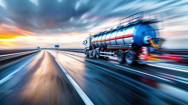 Een olietanker rijdt onder een prachtige lucht over een uitgestrekte snelweg en vervoert waardevolle brandstof naar verschillende bestemmingen