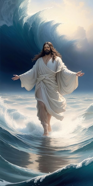 Een olieverf schilderij toont de scène van Jezus die op het water loopt