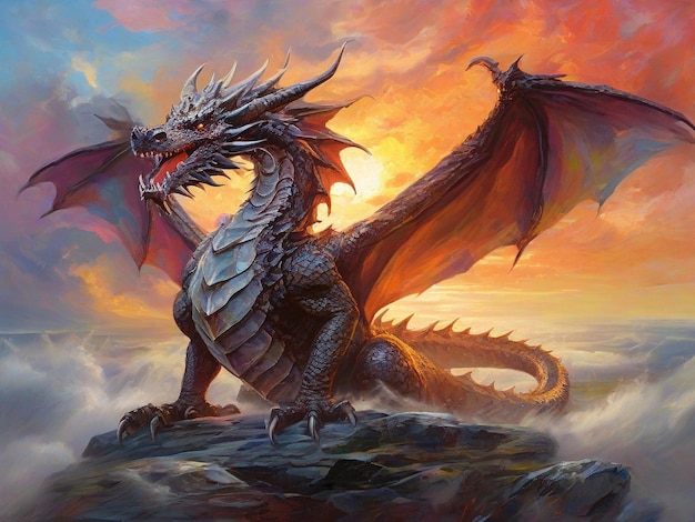 Een olieverf schilderij van een majestueuze draak op de top van een berg terwijl de zon ondergaat