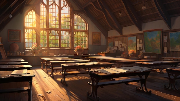 Foto een olieverf schilderij van een ouderwets klaslokaal met houten bureaus en een groot sierlijk krijtbord gebaderd in het gouden licht van de zonsondergang.