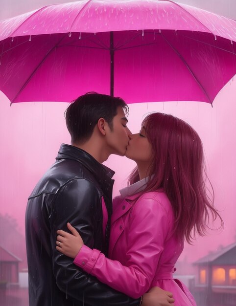 Een olieverf schilderij van een roze hemel en roze regen met een man en vrouw die elkaar kussen in de regen