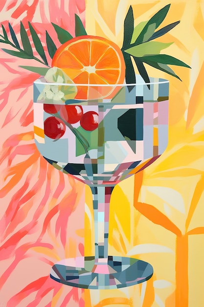 Foto een olieverf schilderij van een tafel met een vaas met fruit en een vaas van fruit drank cocktail diner tafel