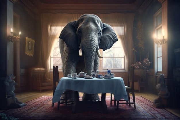 Een olifant die aan een tafel staat met een tafel ervoor