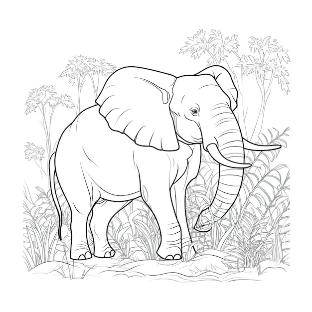 Een olifant die door een jungle loopt met planten en bomen op de achtergrond.