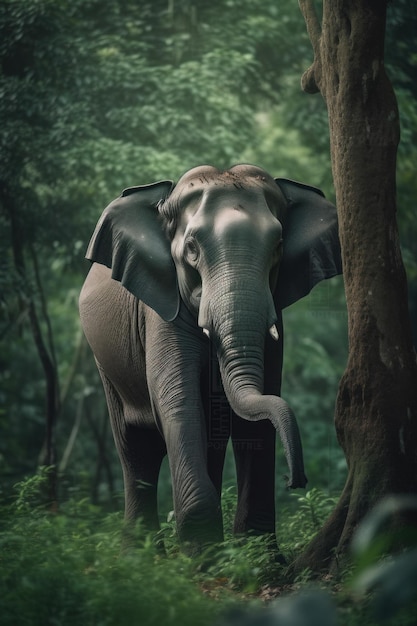 Een olifant die naast een boom staat in een bos Generatief AI-beeld