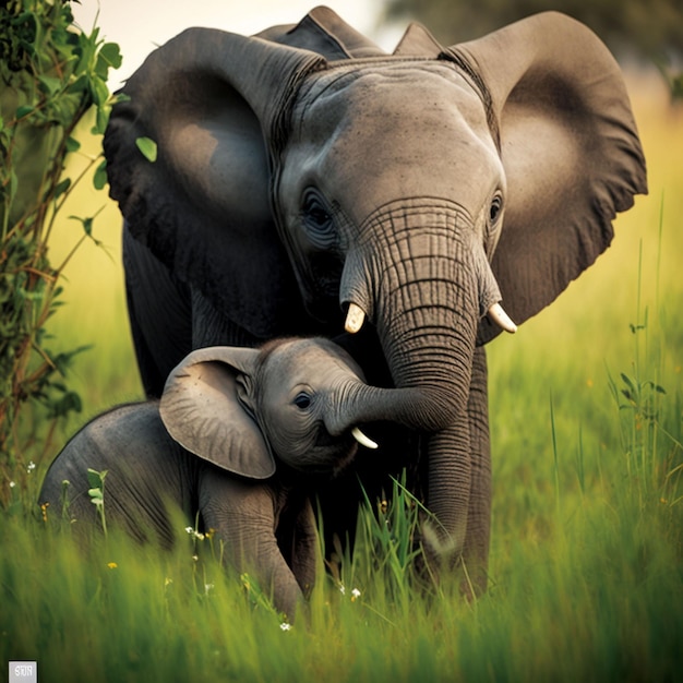 Een olifant en een babyolifant staan in een veld.