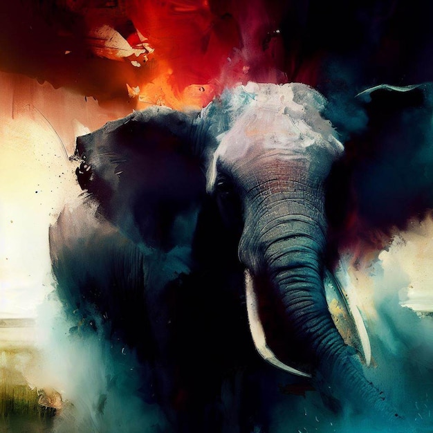 Een olifant is beschilderd met een kleurrijke achtergrond