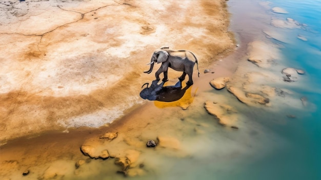 Een olifant loopt op een strand in de woestijn.