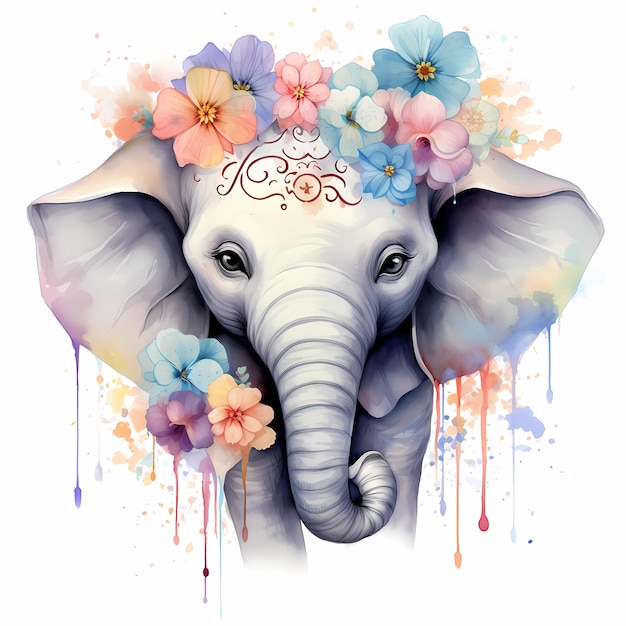 een olifant met bloemen op zijn kop en het woord olifant erop