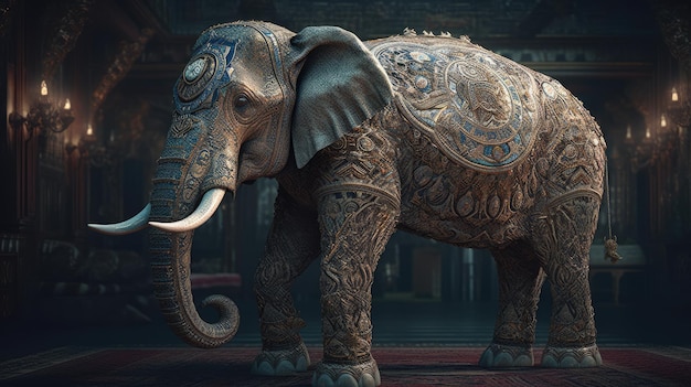 Een olifant met een blauwe kop en een gouden patroon op zijn kop staat op een rode loper.