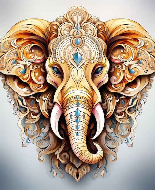 een olifant met een kleurrijk patroon op zijn hoofd.