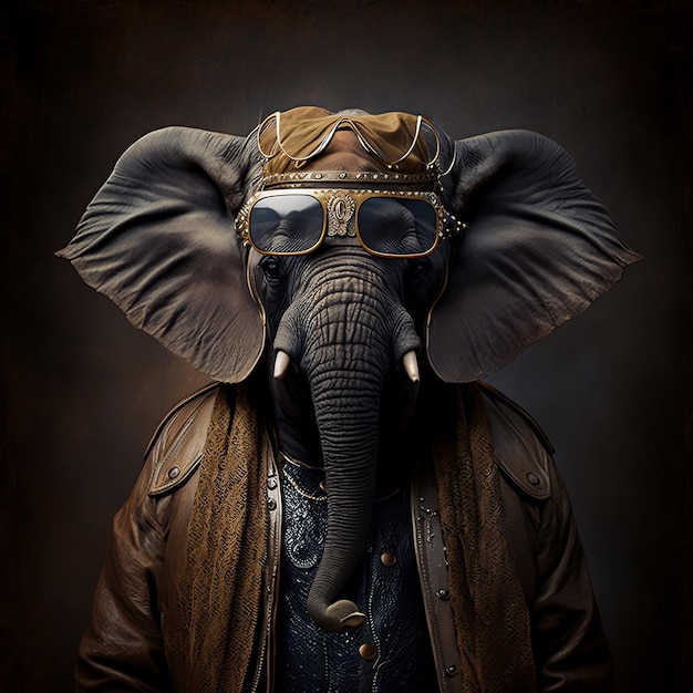 Een olifant met een kroon van een leren jas en een zonnebril Generative Ai