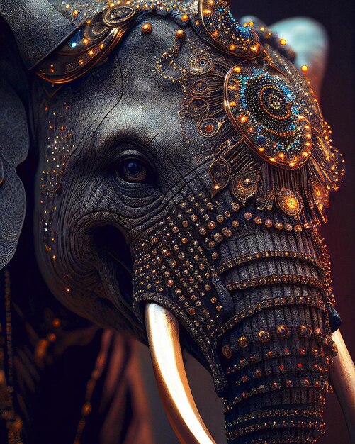 Foto een olifant met een patroon van kralen op zijn kop