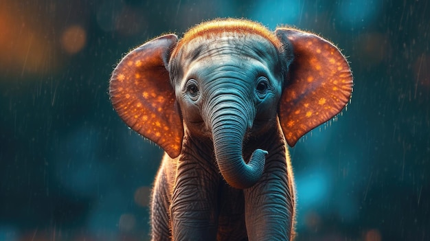 Een olifant met oranje vlekken staat in de regen