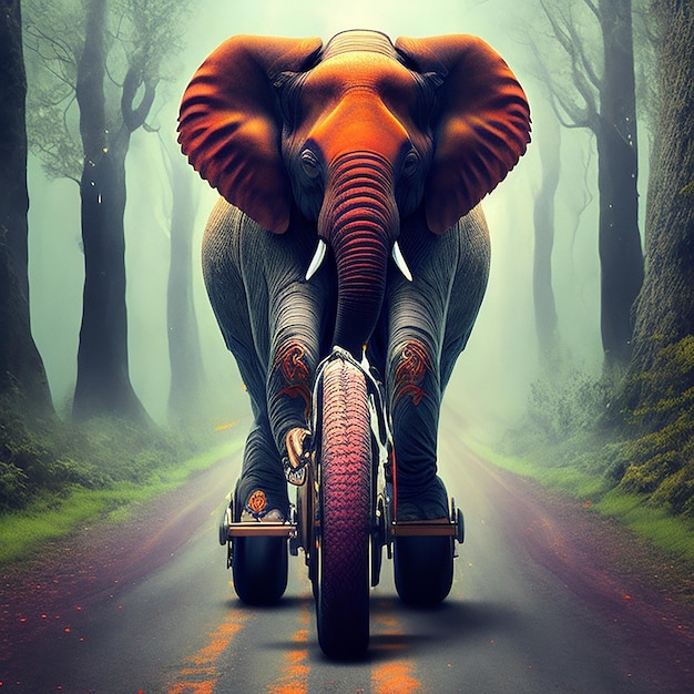 Een olifant rijdt op een fiets met een man erop.