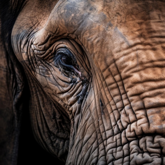 Foto een olifantenoogclose-up tegen een donkere achtergrond