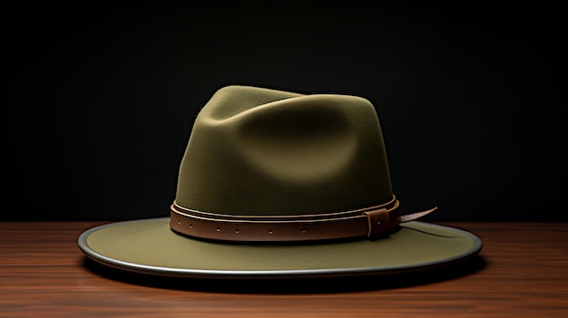 Een olijfgroene hoed met een bruine band op de tafel.