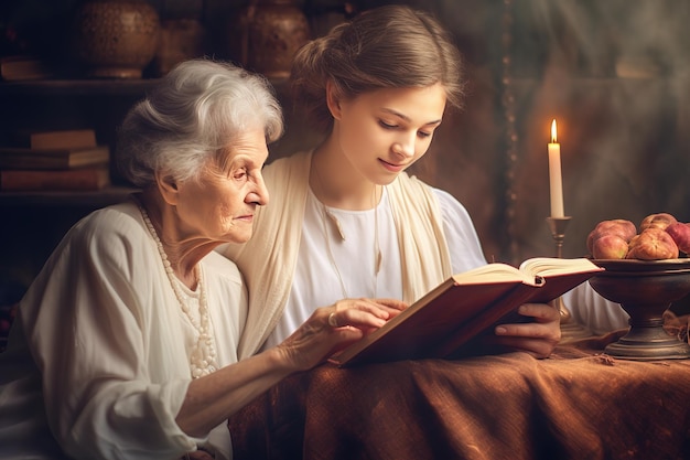 Foto een oma en kleindochter die samen een boek lezen