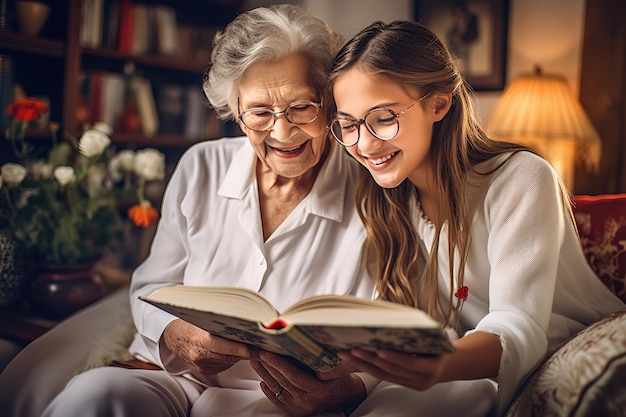 Een oma en kleindochter die samen een boek lezen