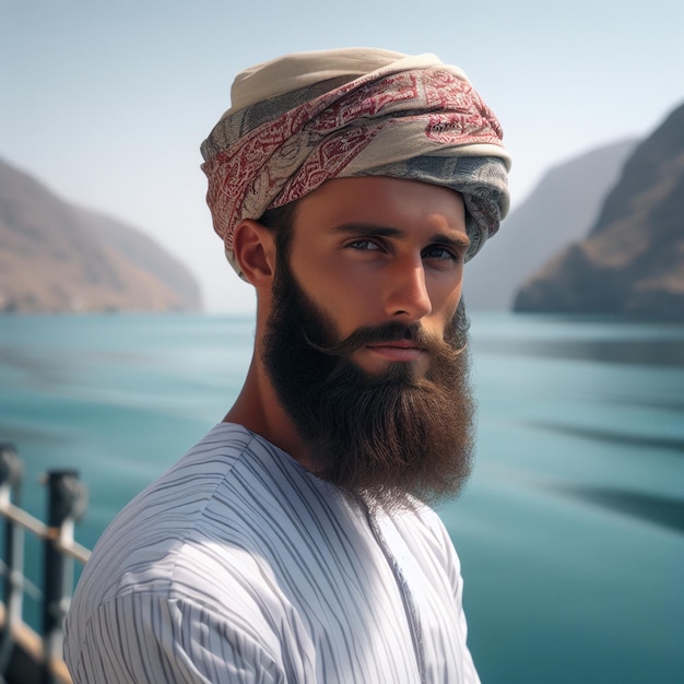 Foto een omani zeeman voor de zee.