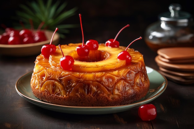 Een omgekeerde ananascake met kersen erop