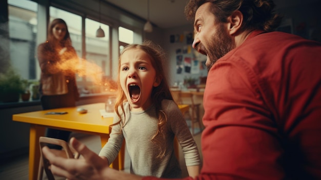 Foto een onaangenaam meisje dat tegen haar vader schreeuwt voor haar familie.