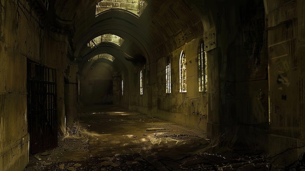 Een ondergrondse gevangenis gevuld met wanhopige gevangenen en echo's Donkere plek geesten stof geheime tunnel paranormale gotische middeleeuwen ruïnes vocht mystiek angst Generatief door AI